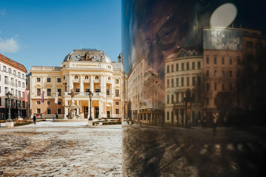 Theater, bratislava, old town, reflection, bottle