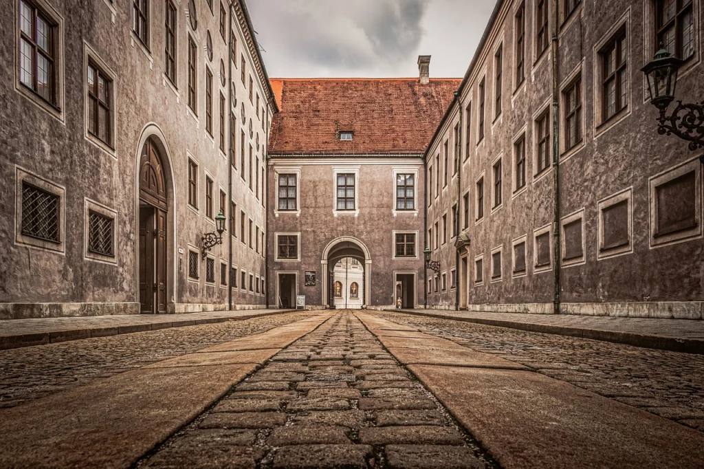 Munich, alley, buildings, cobblestone, architecture