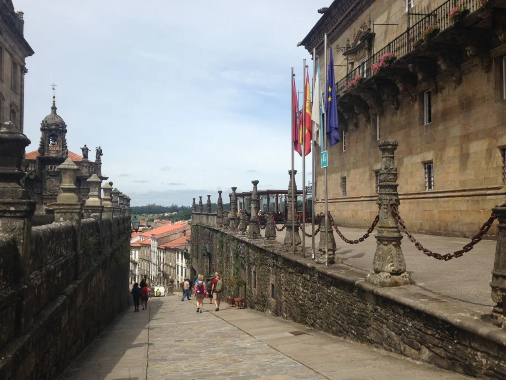 A historic stone street in Santiago de Compostela old town